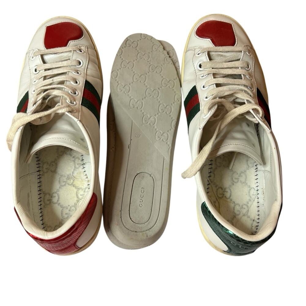 Gucci Ace Hearts Web Stripe Sneakers White Leather Low Top EU 37.5 US 7.5 - Picture 11 of 12